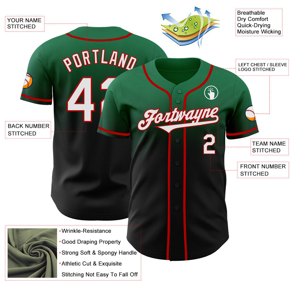 Custom Kelly Green Black-Red Authentic Fade Fashion Baseball Jersey - Sky-Custom