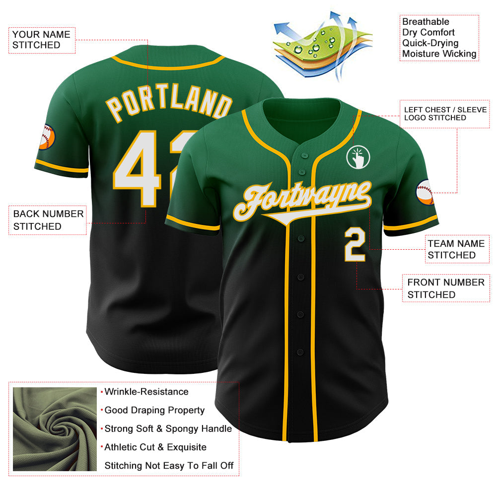 Custom Kelly Green Black-Gold Authentic Fade Fashion Baseball Jersey - Sky-Custom