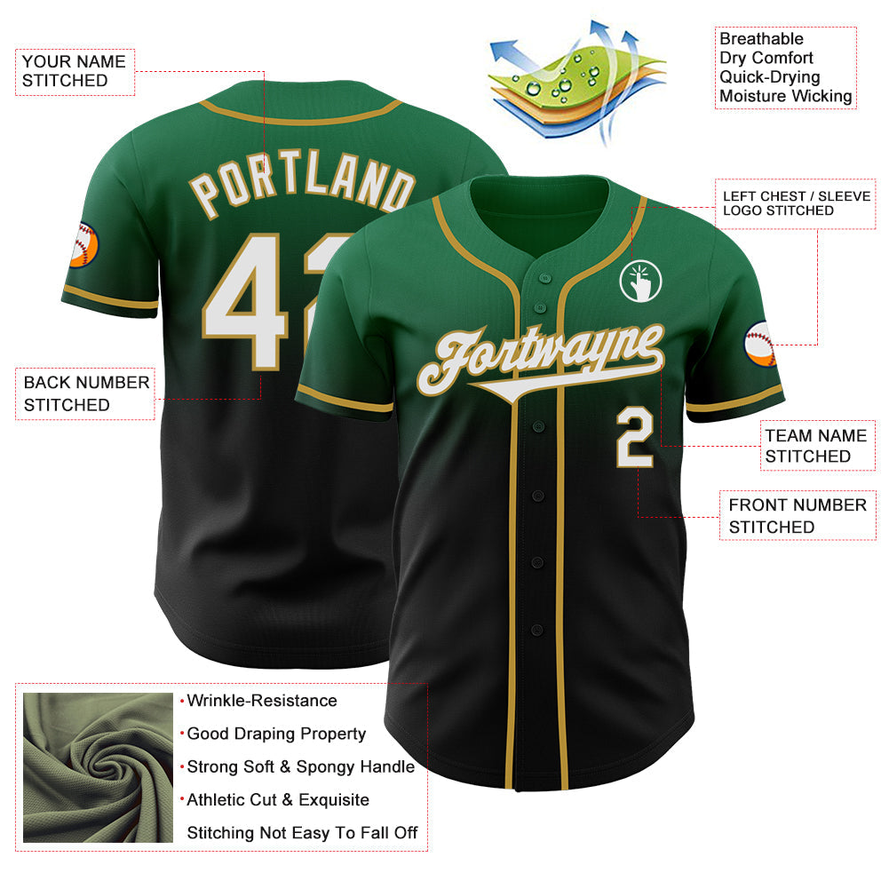 Custom Kelly Green Black-Old Gold Authentic Fade Fashion Baseball Jersey - Sky-Custom
