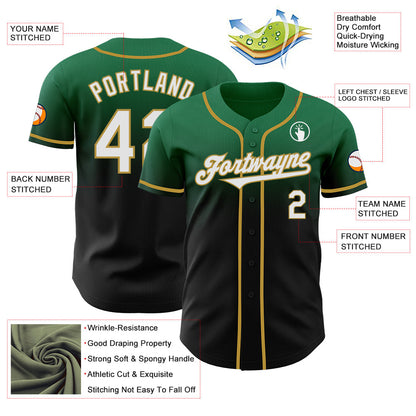 Custom Kelly Green Black-Old Gold Authentic Fade Fashion Baseball Jersey - Sky-Custom