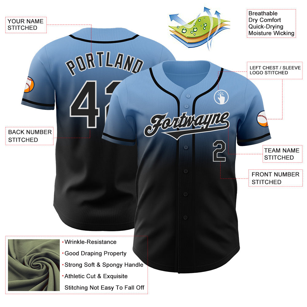 Custom Light Blue Black-White Authentic Fade Fashion Baseball Jersey - Sky-Custom