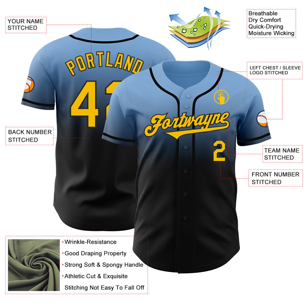 Custom Light Blue Yellow-Black Authentic Fade Fashion Baseball Jersey - Sky-Custom