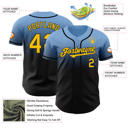 Custom Light Blue Yellow-Black Authentic Fade Fashion Baseball Jersey - Sky-Custom