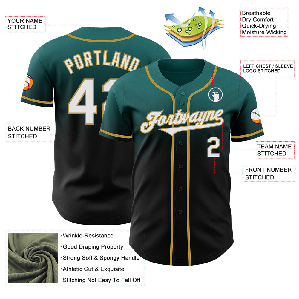 Custom Teal Black-Old Gold Authentic Fade Fashion Baseball Jersey - Sky-Custom