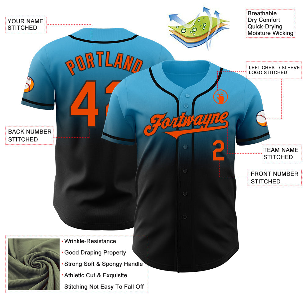 Custom Sky Blue Orange-Black Authentic Fade Fashion Baseball Jersey - Sky-Custom