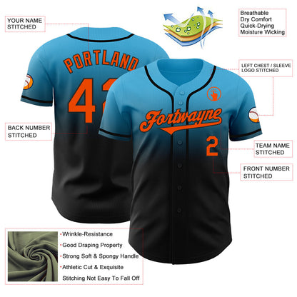Custom Sky Blue Orange-Black Authentic Fade Fashion Baseball Jersey - Sky-Custom