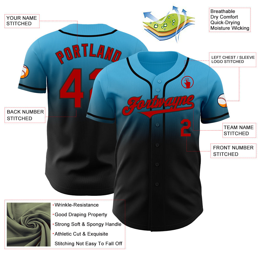 Custom Sky Blue Red-Black Authentic Fade Fashion Baseball Jersey - Sky-Custom