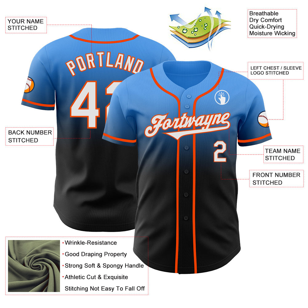 Custom Electric Blue Black-Orange Authentic Fade Fashion Baseball Jersey - Sky-Custom