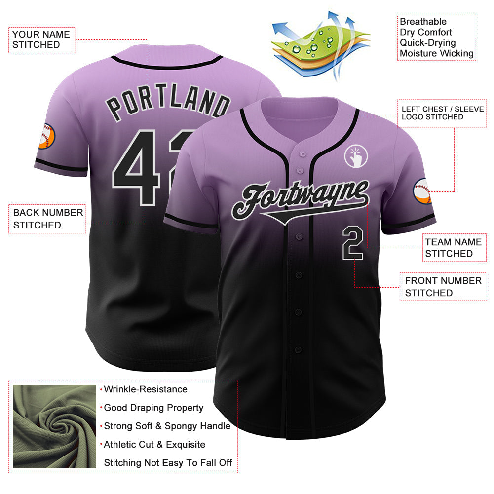 Custom Light Purple Black-White Authentic Fade Fashion Baseball Jersey - Sky-Custom