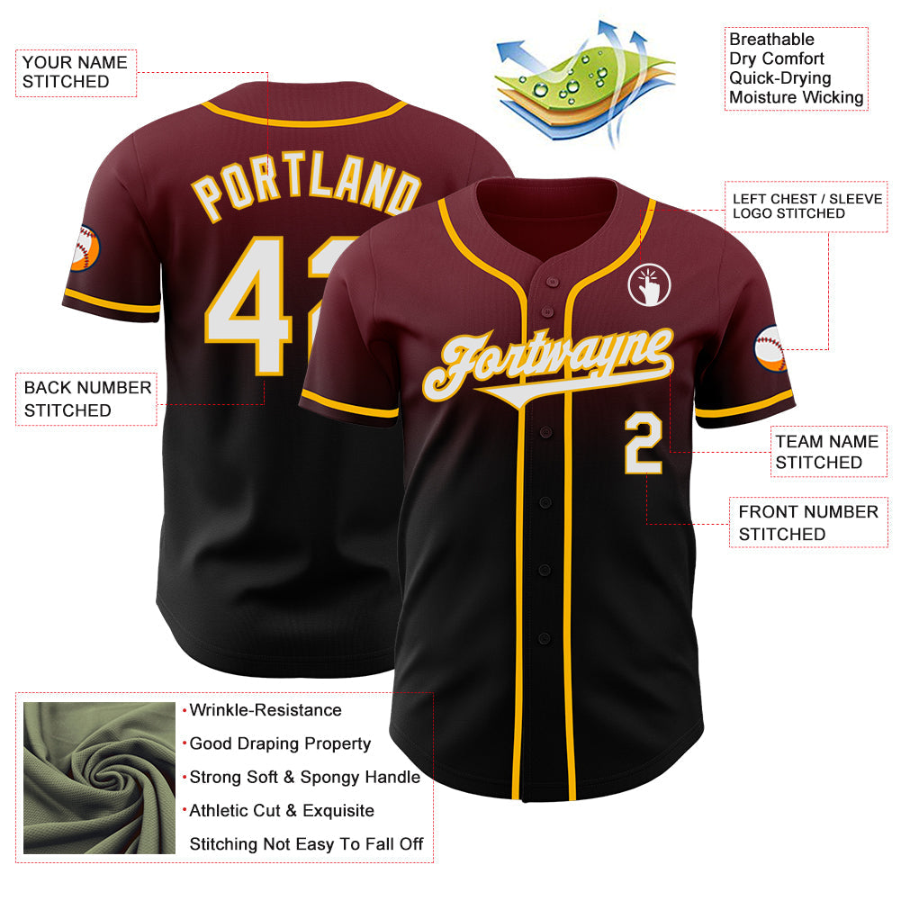 Custom Burgundy Black-Gold Authentic Fade Fashion Baseball Jersey - Sky-Custom