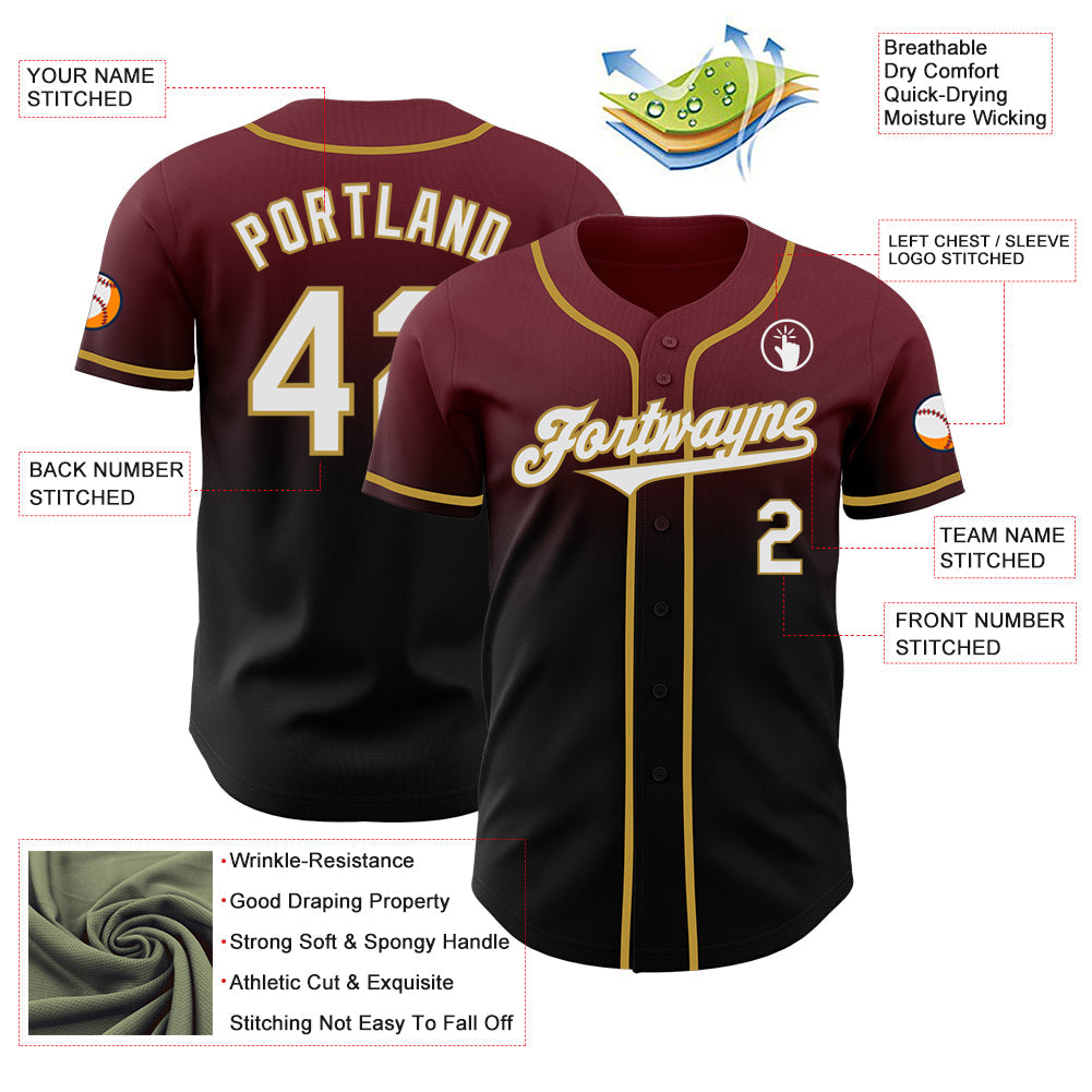 Custom Burgundy Black-Old Gold Authentic Fade Fashion Baseball Jersey - Sky-Custom