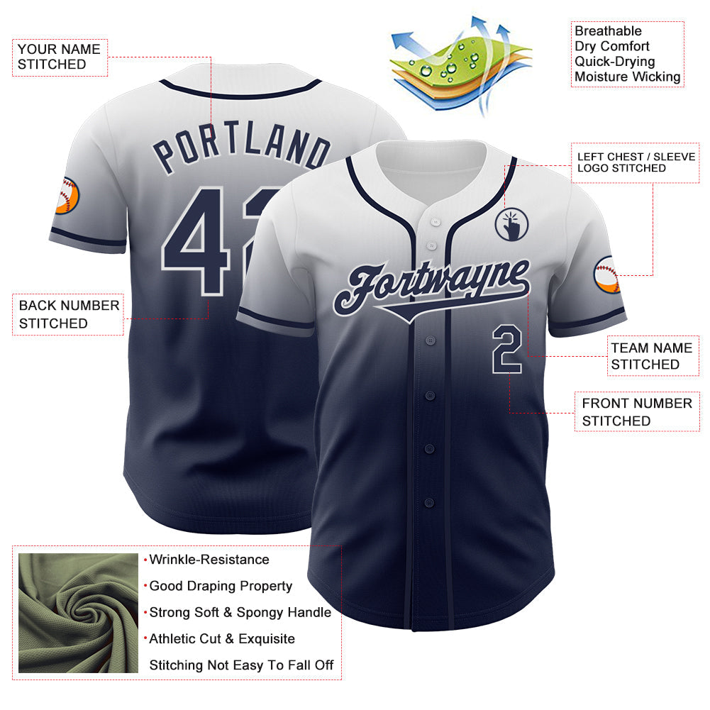 Custom White Navy Authentic Fade Fashion Baseball Jersey - Sky-Custom