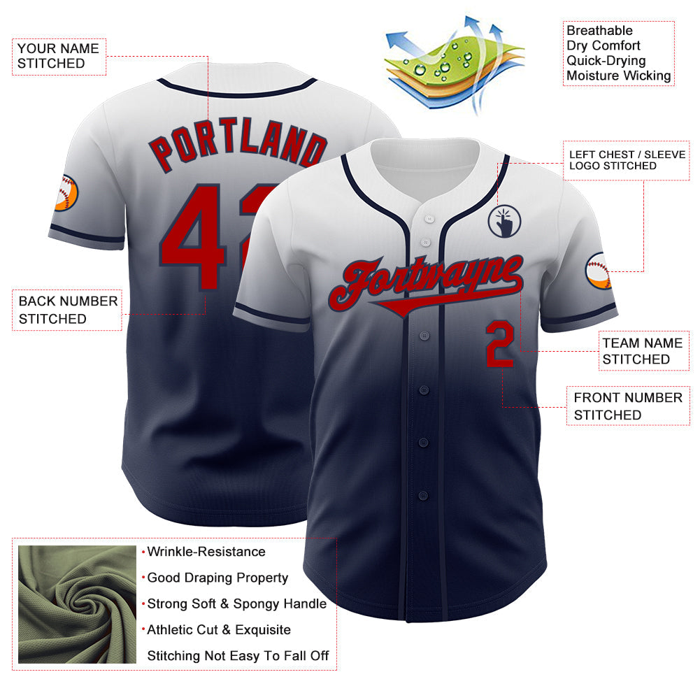 Custom White Red-Navy Authentic Fade Fashion Baseball Jersey - Sky-Custom