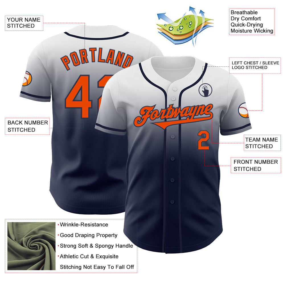 Custom White Orange-Navy Authentic Fade Fashion Baseball Jersey - Sky-Custom