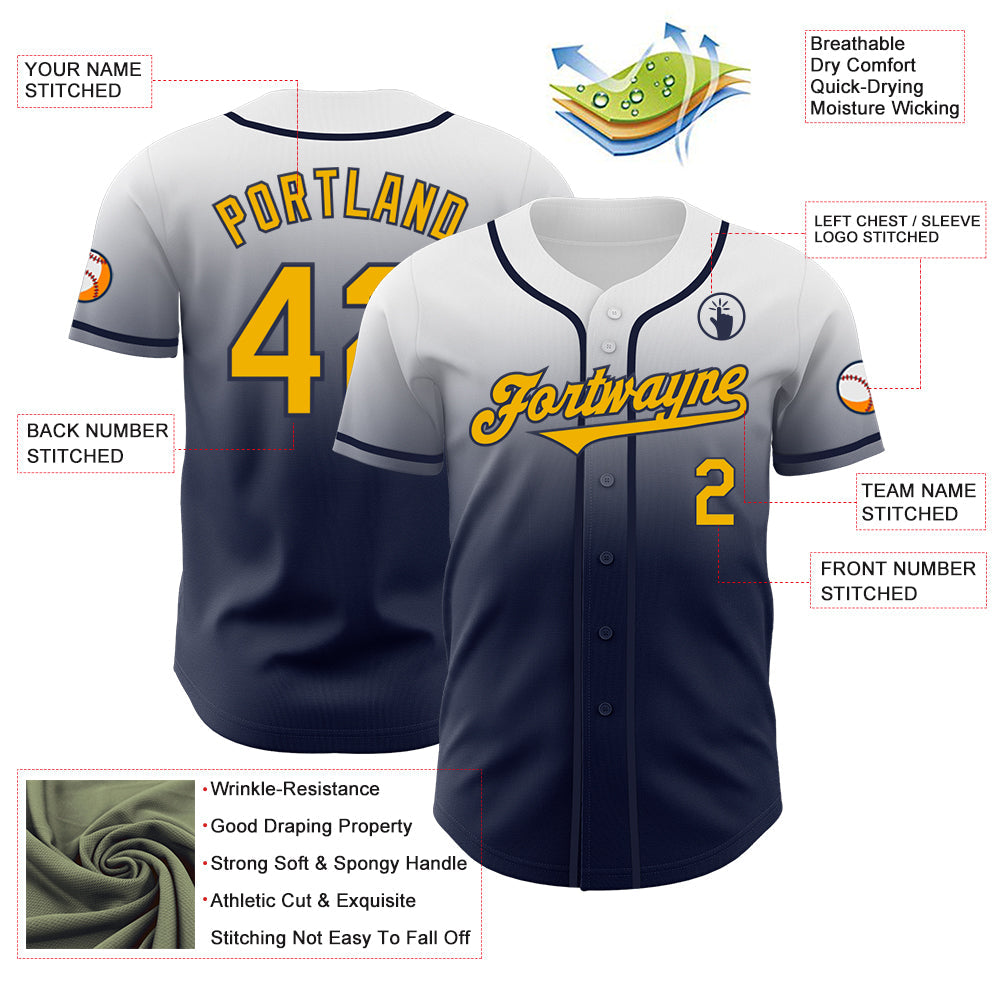 Custom White Gold-Navy Authentic Fade Fashion Baseball Jersey - Sky-Custom