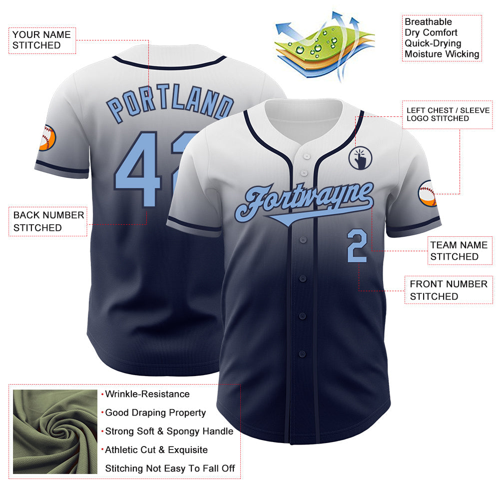 Custom White Light Blue-Navy Authentic Fade Fashion Baseball Jersey - Sky-Custom