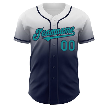 Custom White Teal-Navy Authentic Fade Fashion Baseball Jersey - Sky-Custom