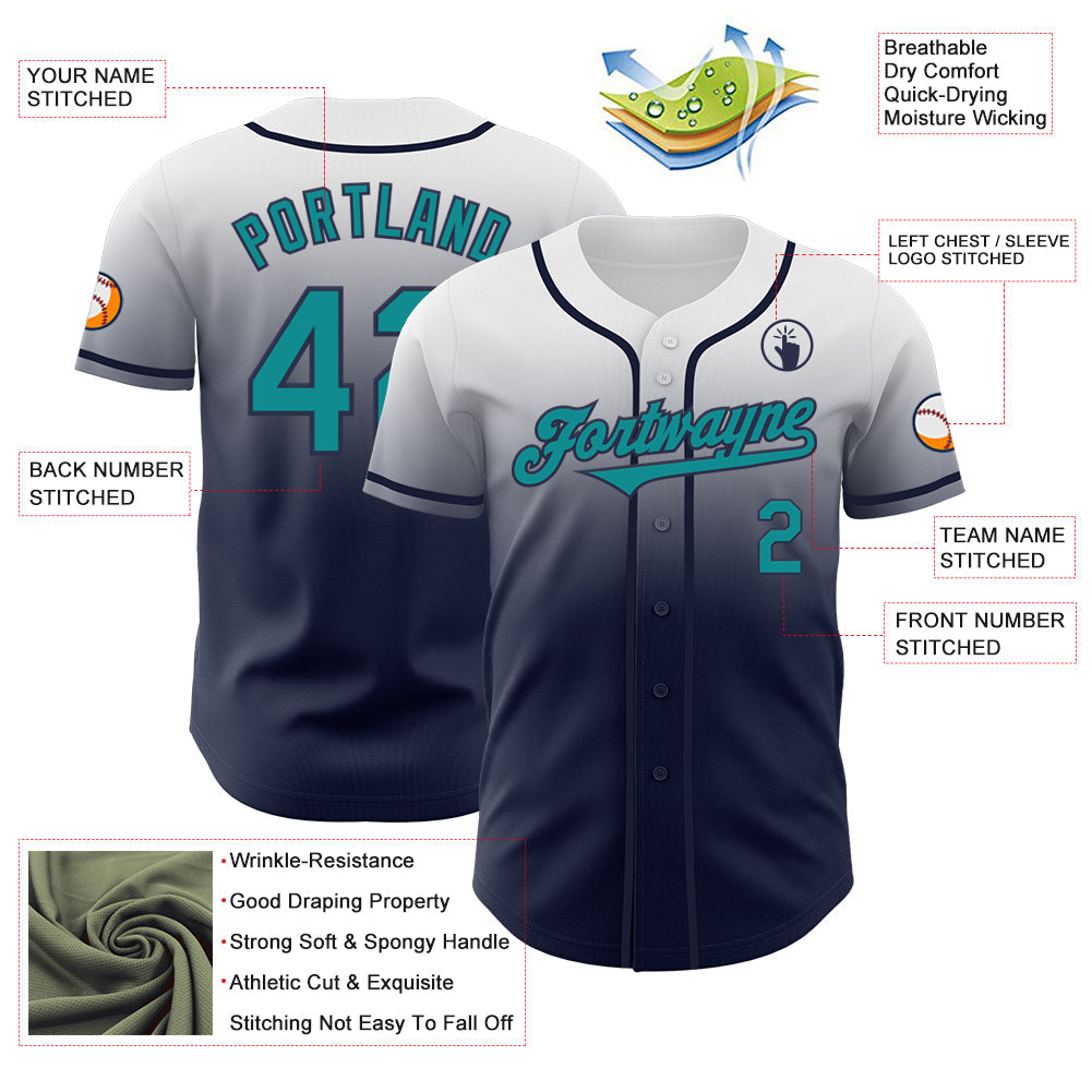 Custom White Teal-Navy Authentic Fade Fashion Baseball Jersey - Sky-Custom