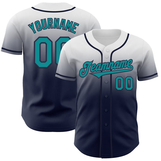 Custom White Teal-Navy Authentic Fade Fashion Baseball Jersey - Sky-Custom