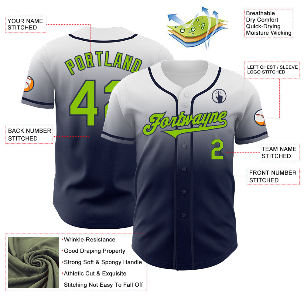 Custom White Neon Green-Navy Authentic Fade Fashion Baseball Jersey - Sky-Custom