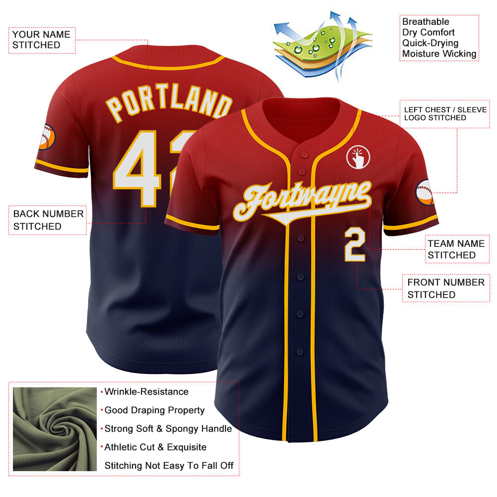 Custom Red Navy-Gold Authentic Fade Fashion Baseball Jersey - Sky-Custom