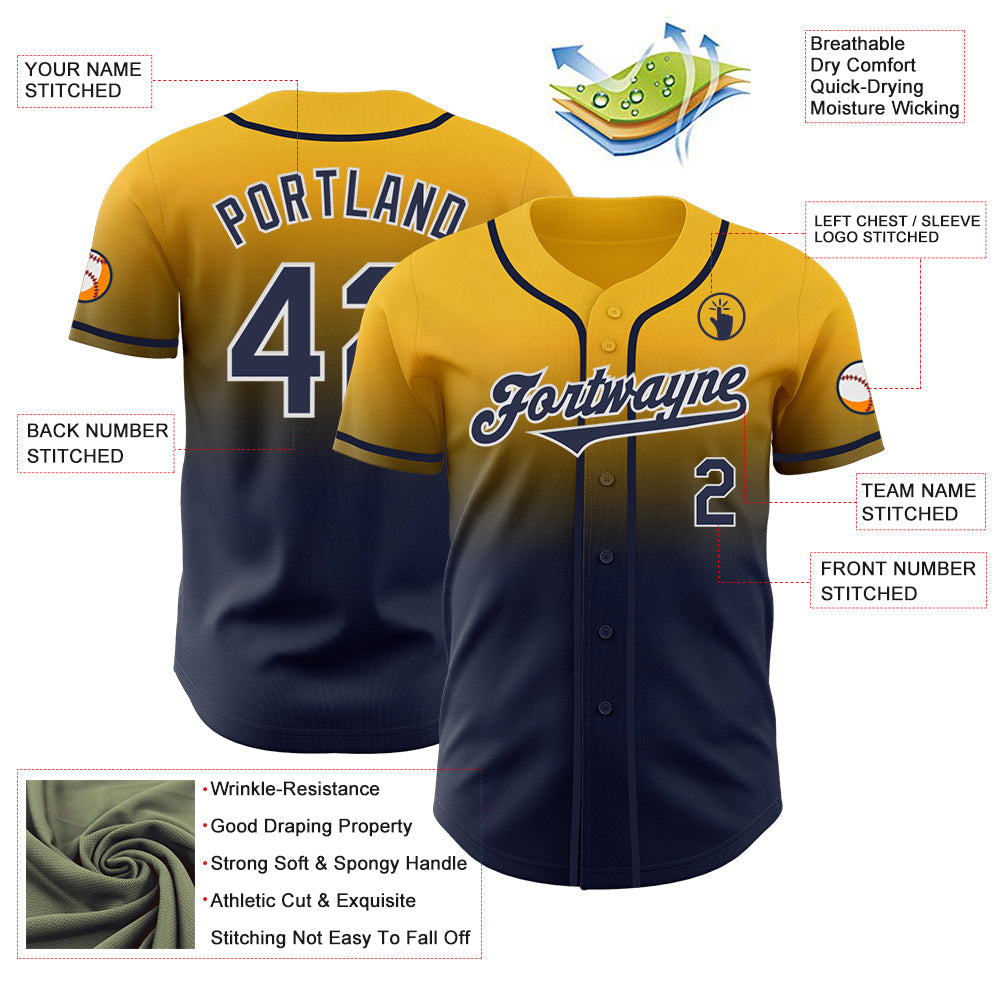 Custom Gold Navy-White Authentic Fade Fashion Baseball Jersey - Sky-Custom