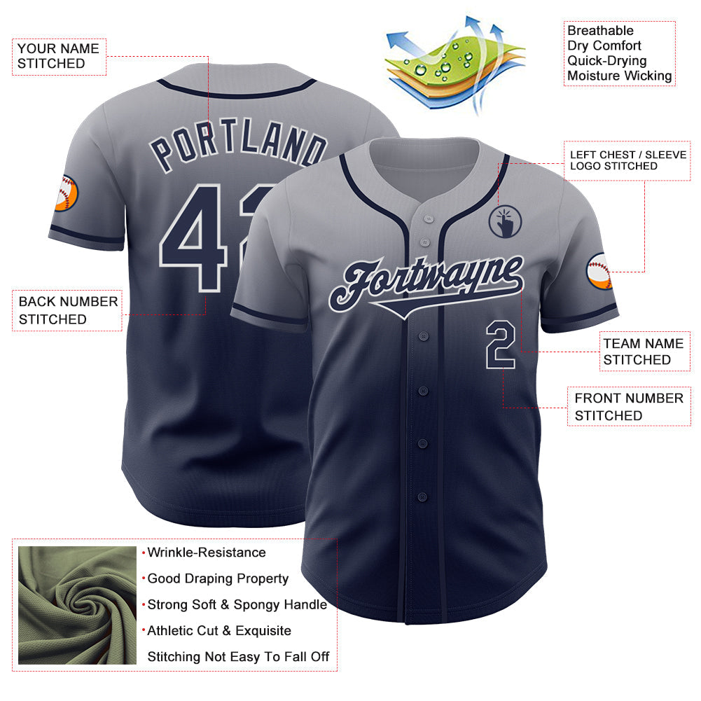 Custom Gray Navy-White Authentic Fade Fashion Baseball Jersey - Sky-Custom