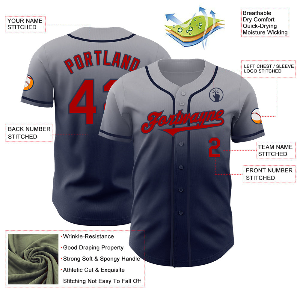Custom Gray Red-Navy Authentic Fade Fashion Baseball Jersey - Sky-Custom