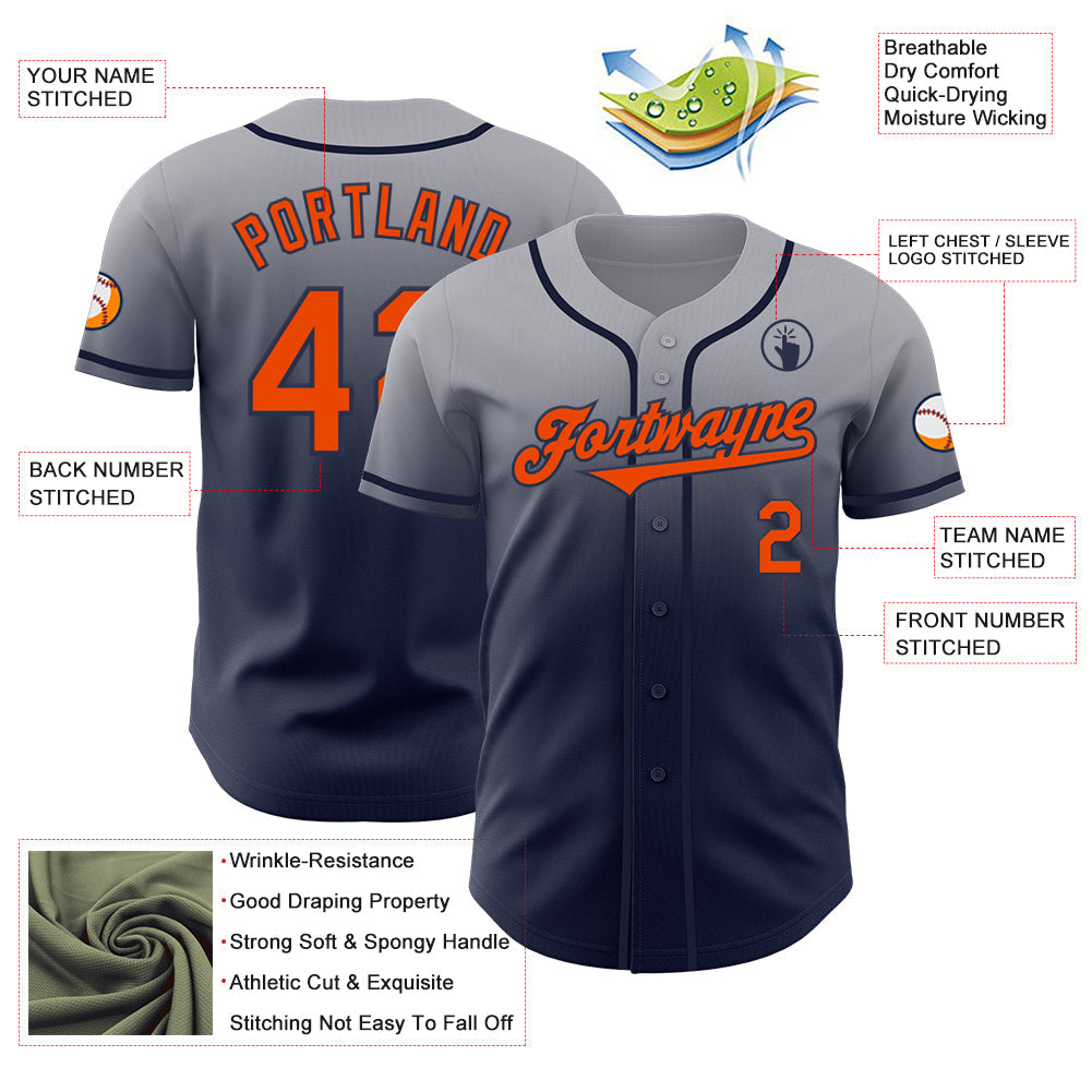 Custom Gray Orange-Navy Authentic Fade Fashion Baseball Jersey - Sky-Custom
