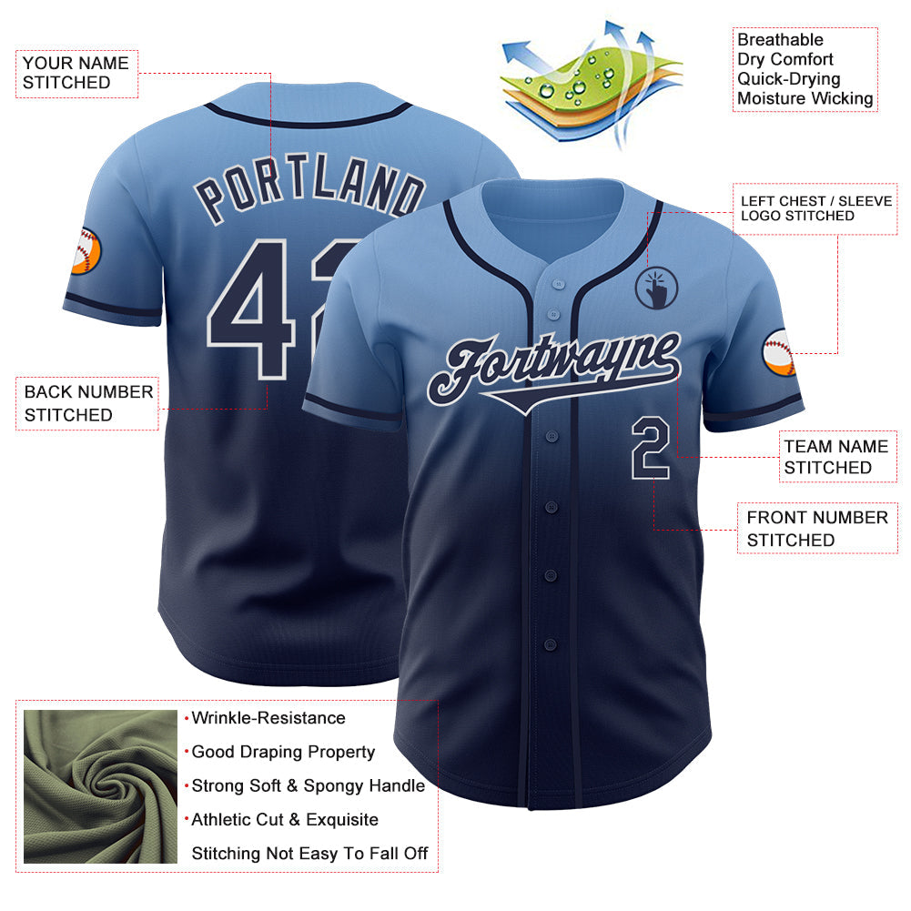 Custom Light Blue Navy-White Authentic Fade Fashion Baseball Jersey - Sky-Custom