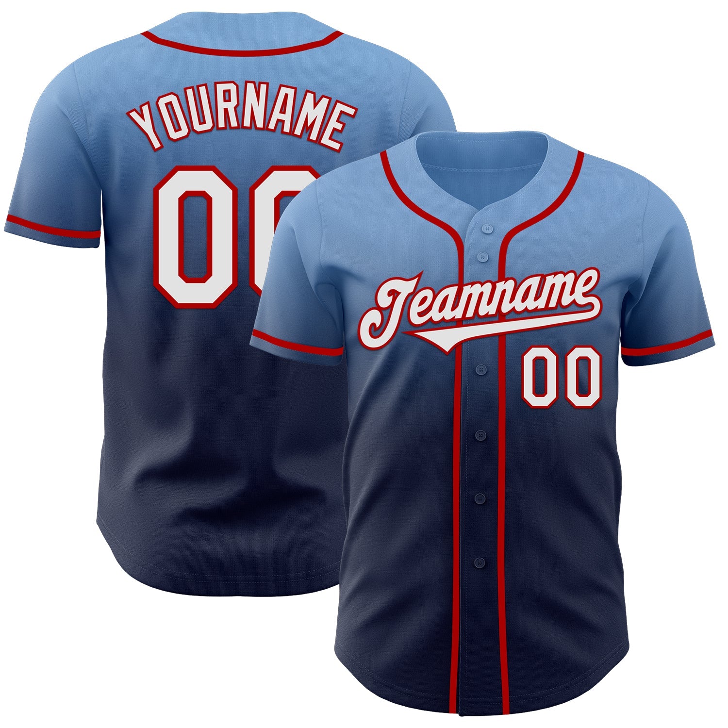 Custom Light Blue Navy-Red Authentic Fade Fashion Baseball Jersey - Sky-Custom