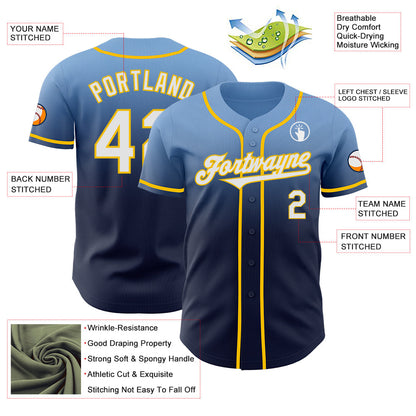 Custom Light Blue Navy-Yellow Authentic Fade Fashion Baseball Jersey - Sky-Custom