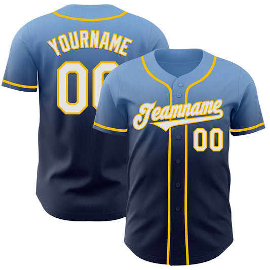 Custom Light Blue Navy-Yellow Authentic Fade Fashion Baseball Jersey - Sky-Custom