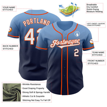 Custom Light Blue Navy-Orange Authentic Fade Fashion Baseball Jersey - Sky-Custom