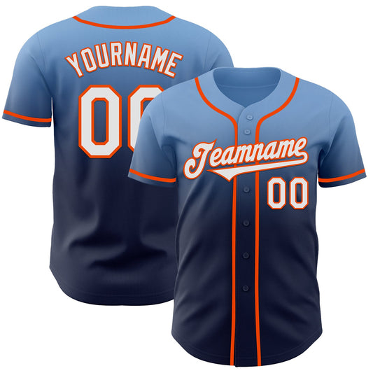 Custom Light Blue Navy-Orange Authentic Fade Fashion Baseball Jersey - Sky-Custom