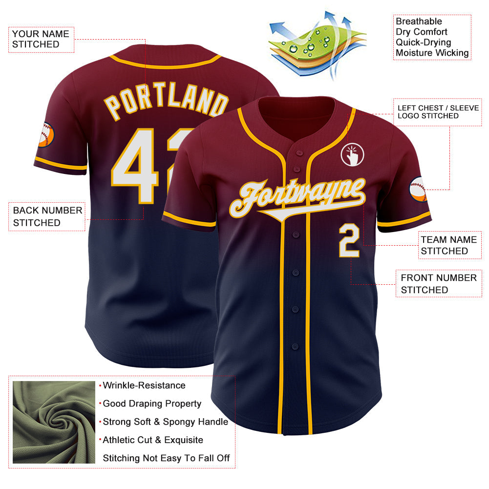 Custom Crimson Navy-Gold Authentic Fade Fashion Baseball Jersey - Sky-Custom