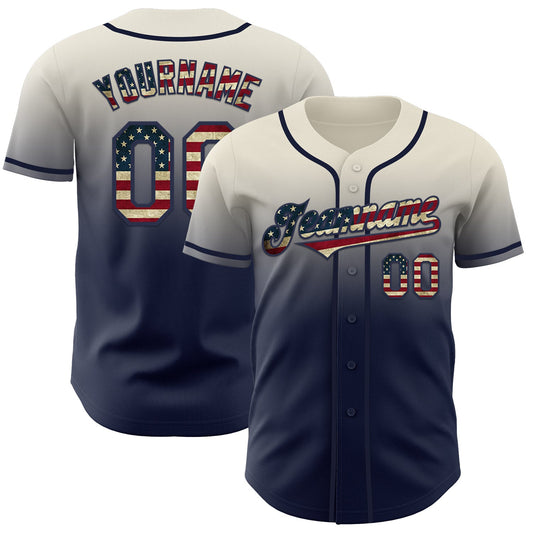 Custom Cream Vintage USA Flag-Navy Authentic Fade Fashion Baseball Jersey - Sky-Custom