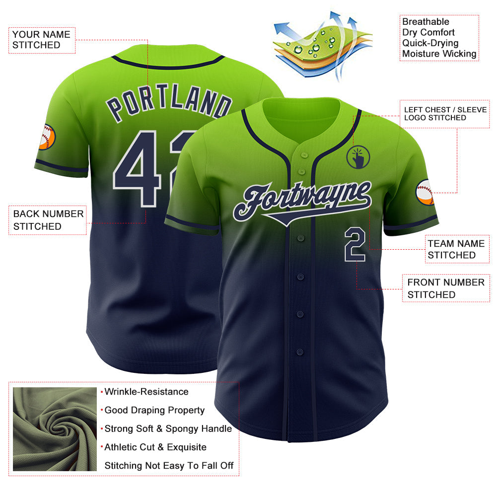 Custom Neon Green Navy-White Authentic Fade Fashion Baseball Jersey - Sky-Custom