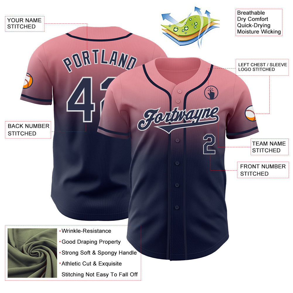 Custom Medium Pink Navy-White Authentic Fade Fashion Baseball Jersey - Sky-Custom