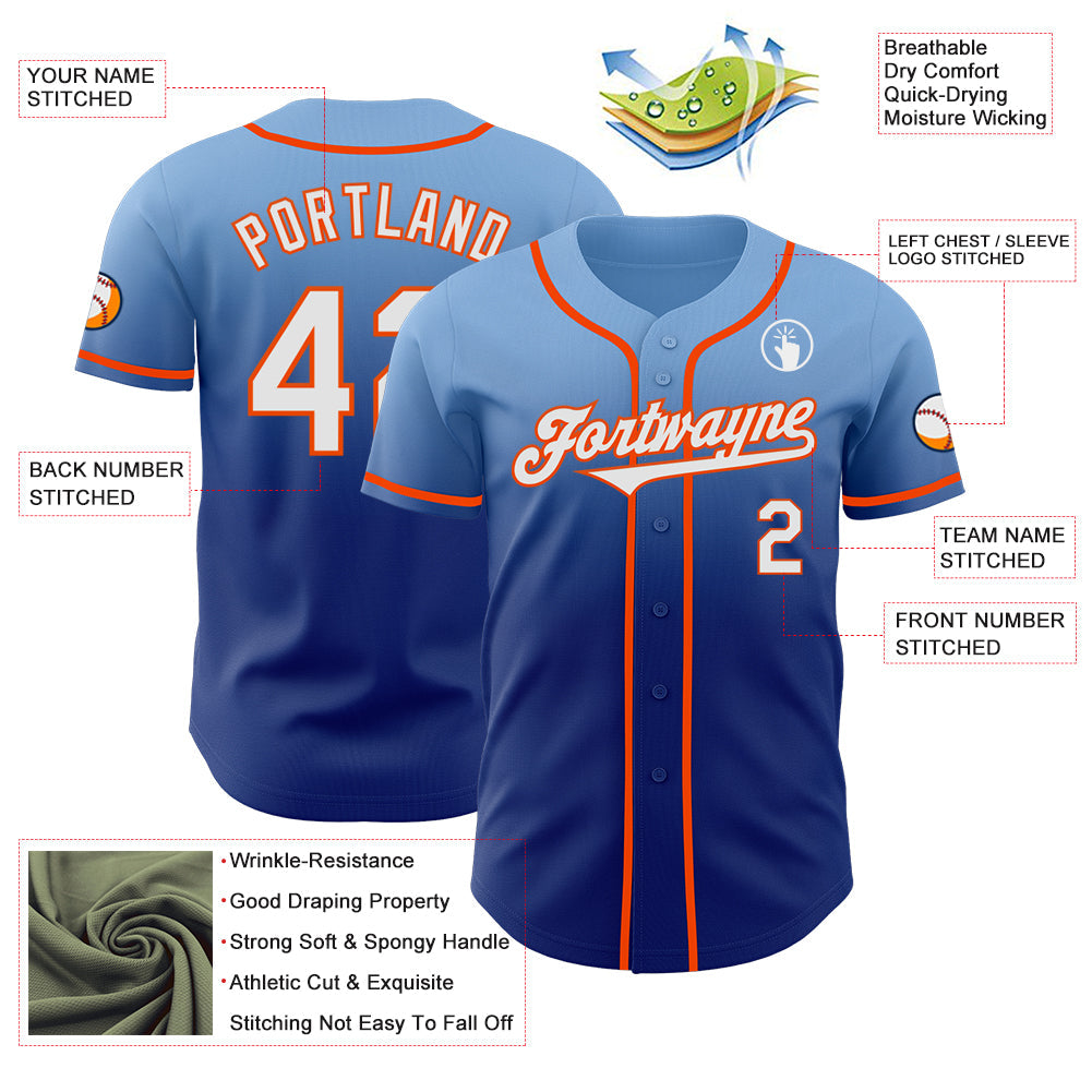 Custom Light Blue White Royal-Orange Authentic Fade Fashion Baseball Jersey - Sky-Custom