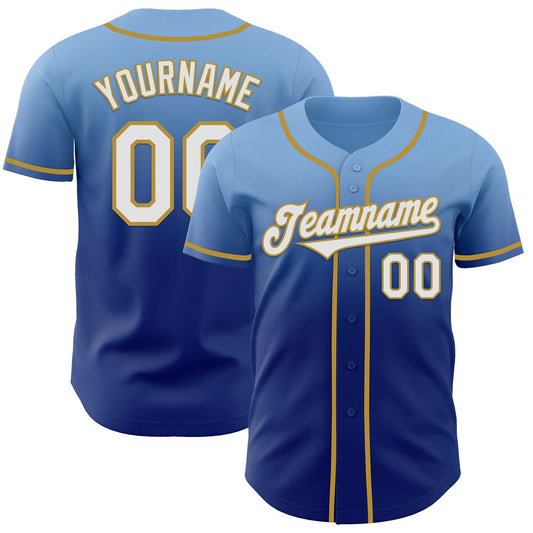 Custom Light Blue White Royal-Old Gold Authentic Fade Fashion Baseball Jersey - Sky-Custom