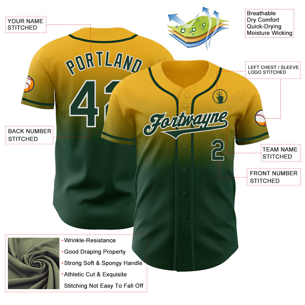Custom Gold Green-White Authentic Fade Fashion Baseball Jersey - Sky-Custom