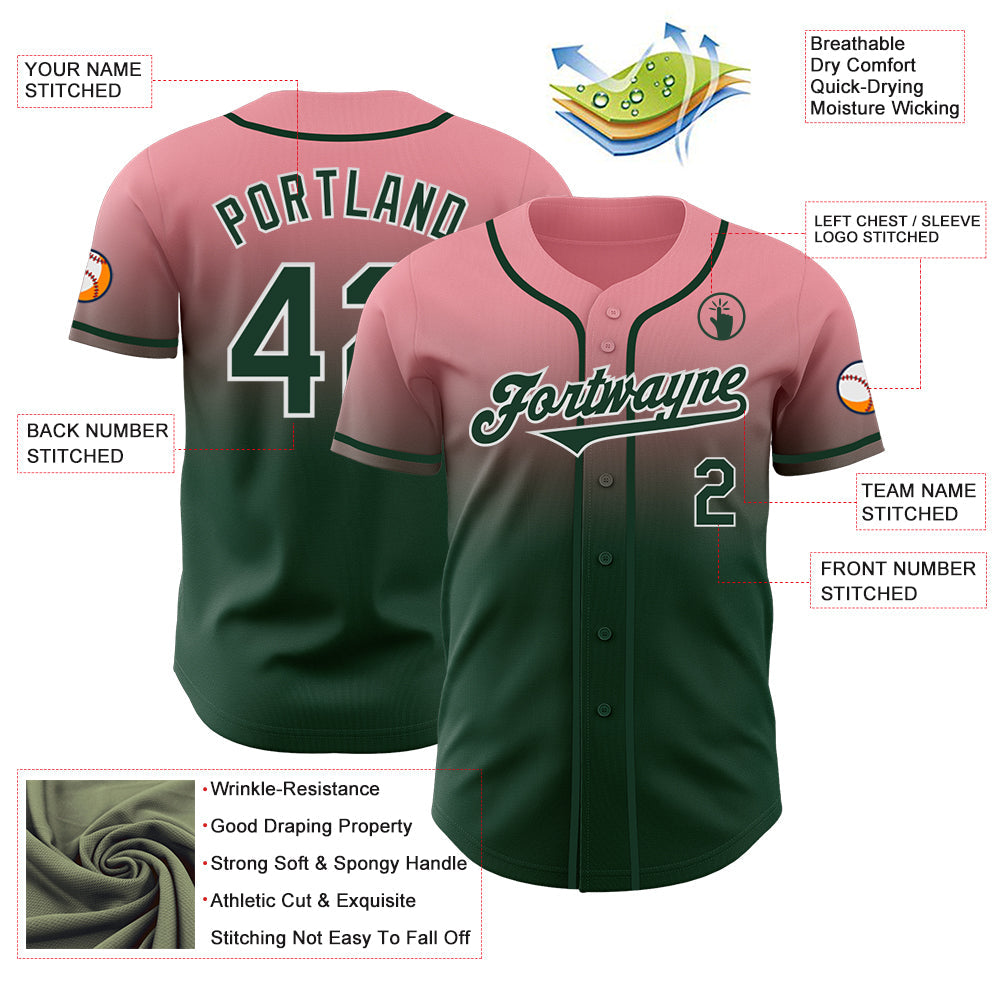 Custom Medium Pink Green-White Authentic Fade Fashion Baseball Jersey - Sky-Custom