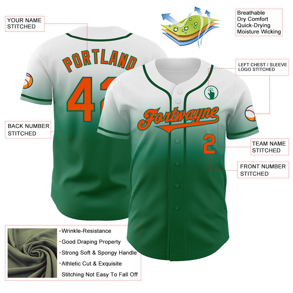 Custom White Orange-Kelly Green Authentic Fade Fashion Baseball Jersey - Sky-Custom