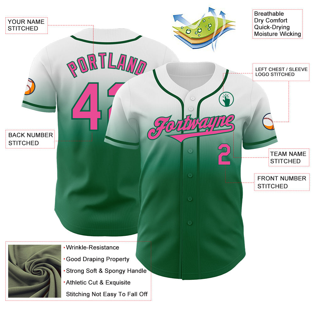 Custom White Pink-Kelly Green Authentic Fade Fashion Baseball Jersey - Sky-Custom