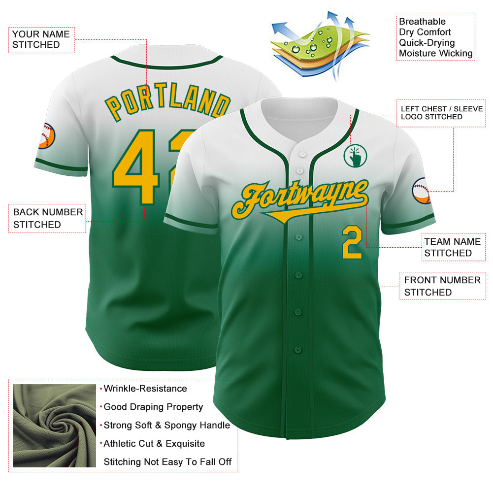 Custom White Gold-Kelly Green Authentic Fade Fashion Baseball Jersey - Sky-Custom