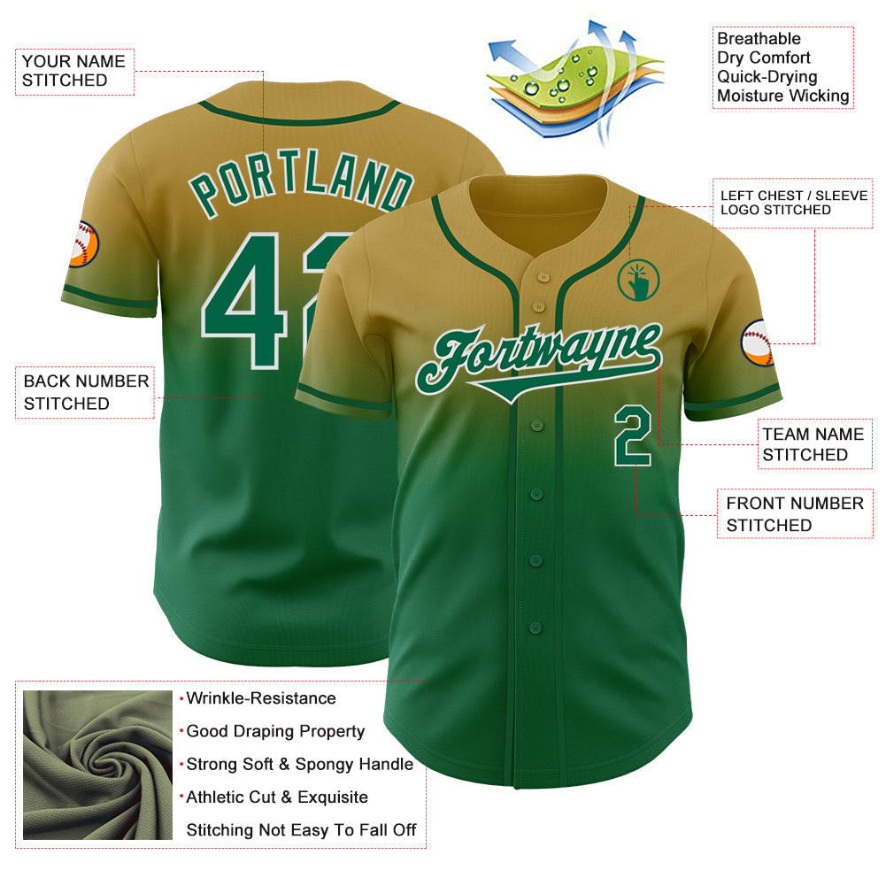 Custom Old Gold Kelly Green-White Authentic Fade Fashion Baseball Jersey - Sky-Custom