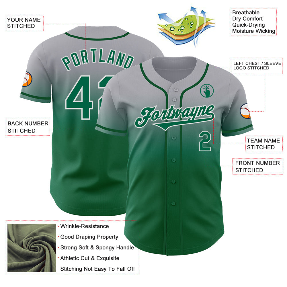 Custom Gray Kelly Green-White Authentic Fade Fashion Baseball Jersey - Sky-Custom