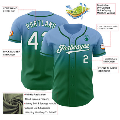 Custom Light Blue White-Kelly Green Authentic Fade Fashion Baseball Jersey - Sky-Custom