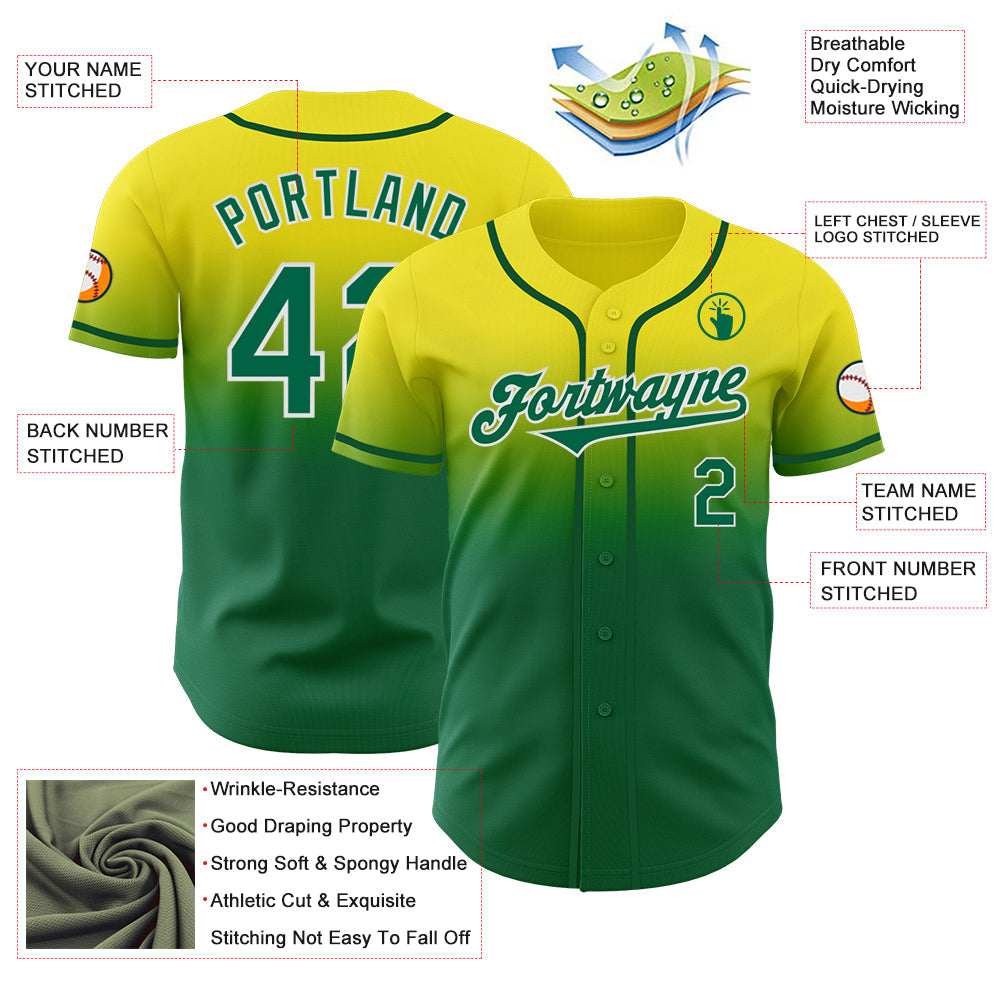 Custom Light Yellow Kelly Green-White Authentic Fade Fashion Baseball Jersey - Sky-Custom